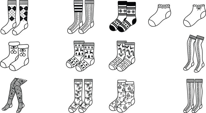 Socks collection in minimalist monochrome style featuring various patterns and textures for fashion vector design