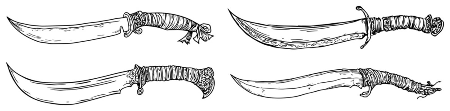 Traditional curved daggers and oriental scimitar blades set in vintage ink line art style