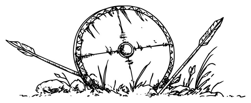 Round wooden shield and spears on battlefield ground in hand drawn sketch style