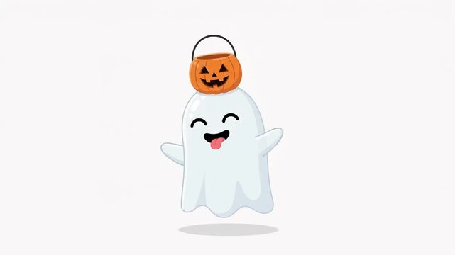 Cute Cartoon Ghost with Pumpkin Bucket for Halloween Celebration Vector Illustration