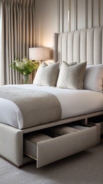 A beautifully designed bedroom featuring a spacious bed, soft textures, and elegant decor