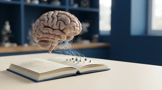 3D render of a human brain hovering above an open book with geometric shapes mind knowledge