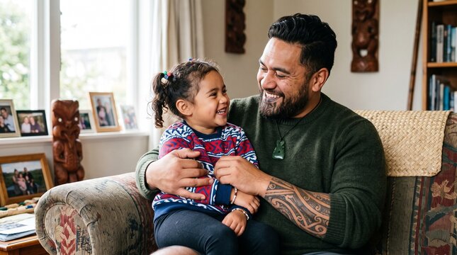 Māori father embracing his young daughter while sitting on a sofa at home