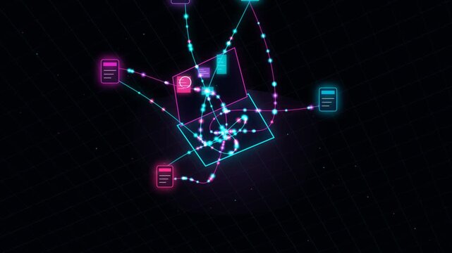 Glowing neon cyber network visualization of data transfer between folders on a dark grid background
