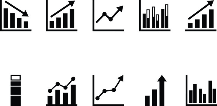Business Analytics and Financial Chart Icon Set with Growth, Decline, Statistics, Bar Graphs, Trend Lines, and Performance Indicators