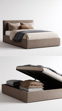 A modern bed with textured upholstery, showcasing hidden storage beneath a stylish mattress
