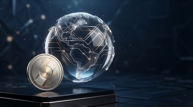 Digital Globe with Circuitry and Cryptocurrency Coin Keywords: globe, earth, world, digital, technology, network, connection, circuitry, lines, data, information, abstract, futuristic, concept