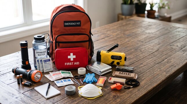Emergency preparedness kit on a wooden table with first aid, flashlight, water, and survival supplies