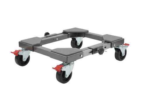 Heavy duty adjustable metal dolly with locking casters isolated on transparent background for moving industrial machinery and furniture