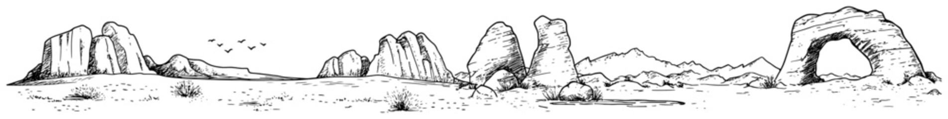 Obraz premium Rock formations and natural stone arch in desert landscape panorama in hand drawn ink sketch style