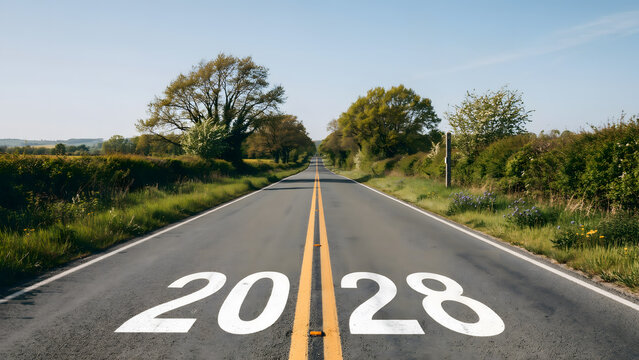 Asphalt road stretching into distance with year 2028 painted on its surface for forward concept.