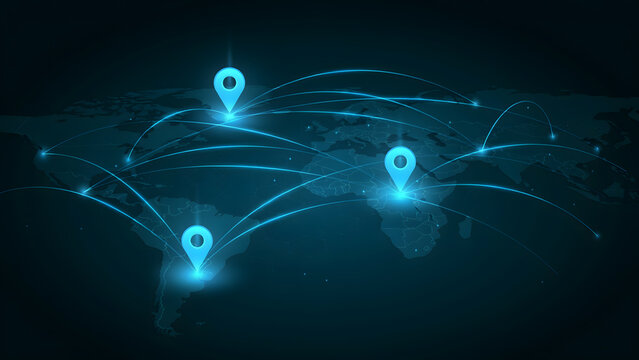 Global network connections illustrated with glowing pins on world map for technology.