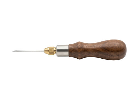 Precision scratch awl with walnut wood handle isolated on transparent background for leather crafting and professional woodworking projects