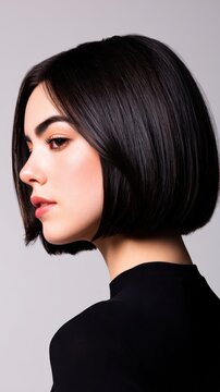 A profile view of a woman with sleek black bob hair, showcasing elegant facial features and expression