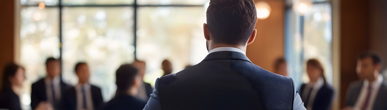 Business professional addressing team in bright conference room, back