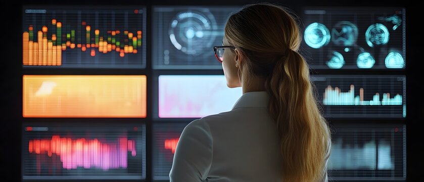 Woman analyzing colorful data dashboards on multiple monitors