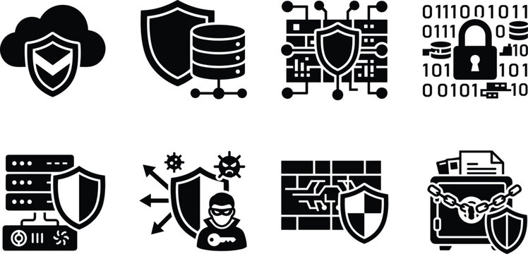 Cybersecurity and Data Protection Icons Set for Digital Security Concepts