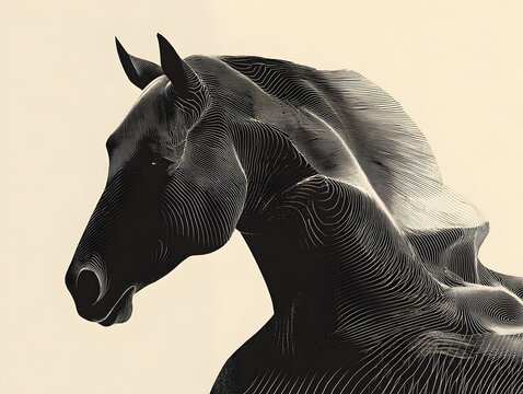 Stylized horse profile with flowing contour lines on beige