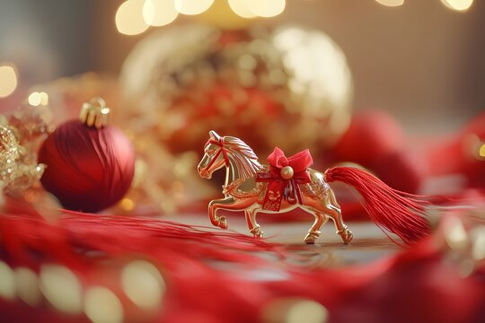 Golden horse ornament with red tassel among festive baubles
