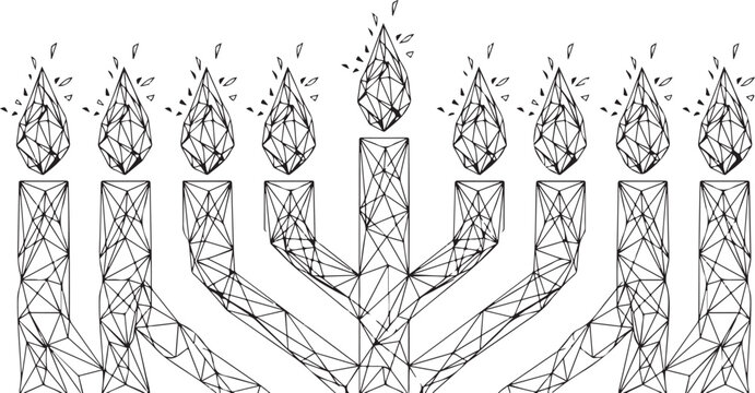 Black and white low poly Hanukkah menorah with crystal flames vector illustration