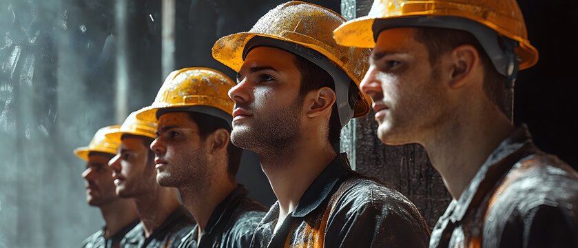 Dusty construction workers wearing yellow hard hats in profile