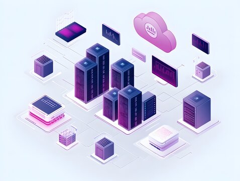 Isometric server racks and cloud network with neon gradients