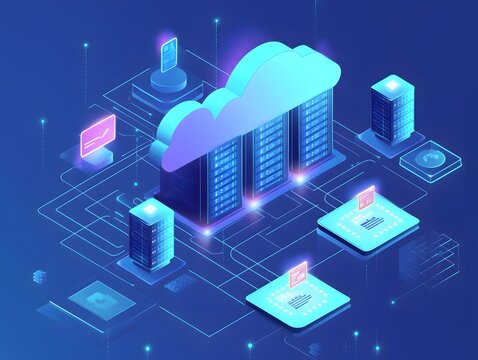 Cloud server data center with neon network connections, isometric