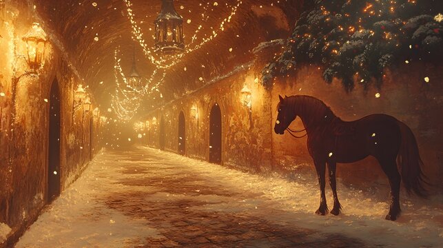 Dark horse standing in snowy illuminated arched corridor at night