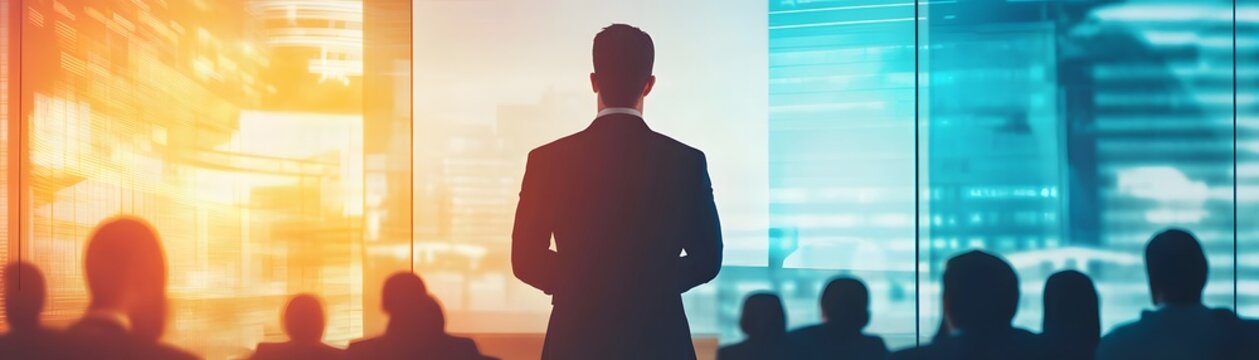 Businessperson standing before audience with city window backdrop