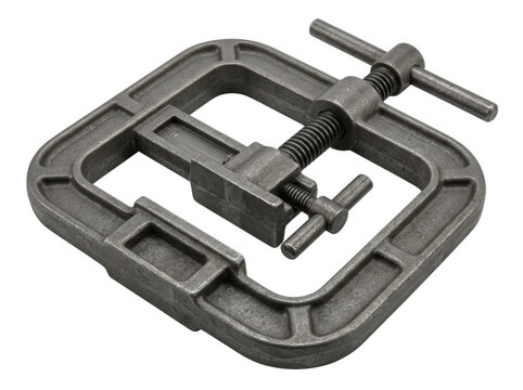 Cast iron heavy duty C clamp with threaded spindle isolated on transparent background for metalworking and industrial clamping needs