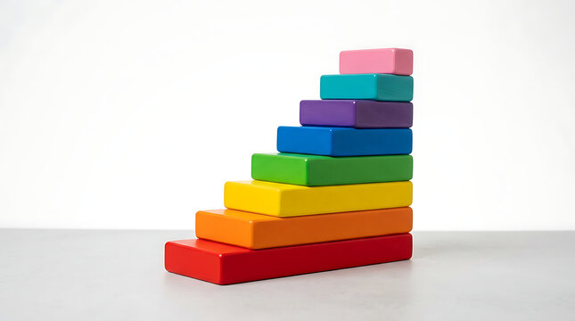 Colorful wooden block staircase arranged in a gradient against a clean white background