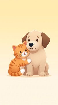 Cute cartoon kitten sitting next to friendly puppy together
