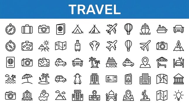 Minimalist vector set of diverse travel icons showcasing various modes of transportation and vacation destination elements