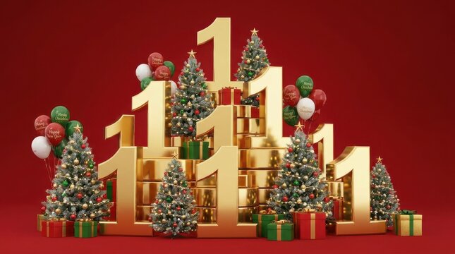 Golden number one symbols decorated with small Christmas trees and gift boxes piles.