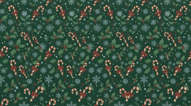 Green Christmas pattern with candy canes holly and snowflakes.