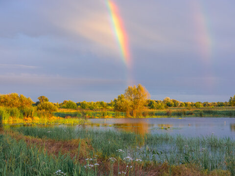 A beautiful double rainbow stretches across the cloudy sky over a peaceful river surrounded by green fields and trees