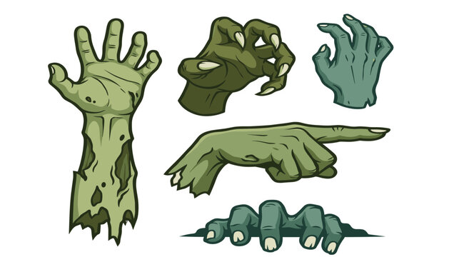 Scary zombie hands cartoon vector illustration collection. Rotten green arm, pointing finger, creepy long claws, monster hand gesture, halloween horror theme and spooky dead creature sticker elements.