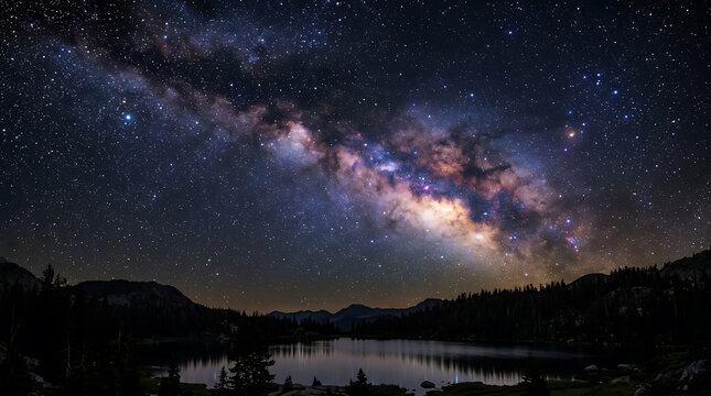 Night sky with milky way galaxy over calm lake