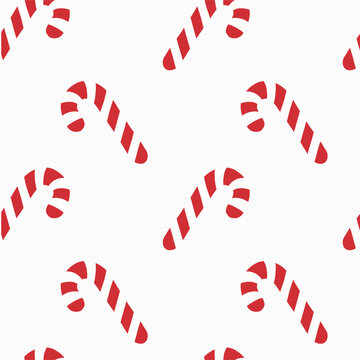 Red candy cane pattern, striped hooked sweets, white background, seamless vector repeat. Repeating peppermint forms create a playful holiday rhythm with bold red-and-white contrast