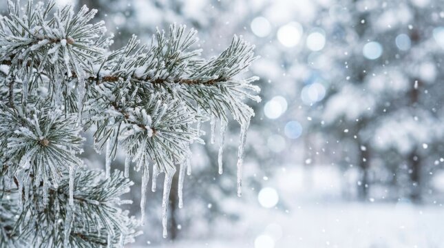 pine tree branch covered with icicles and snow during beautiful snowy winter day.