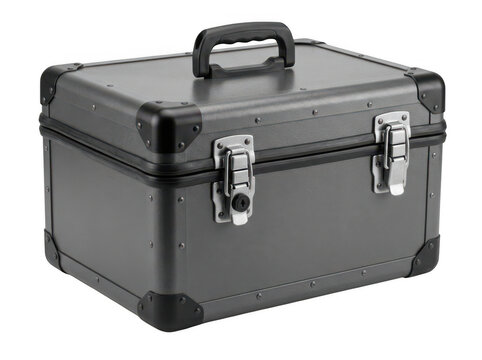 Durable aluminum hard shell storage carrying case isolated on transparent background for professional equipment and tool transportation
