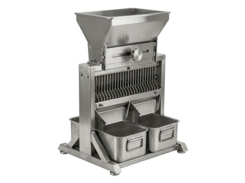 Stainless steel industrial food slicer machine isolated on transparent background for commercial kitchen and catering equipment