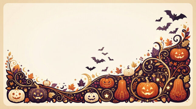 Decorative Halloween border background with carved pumpkins and flying bats.