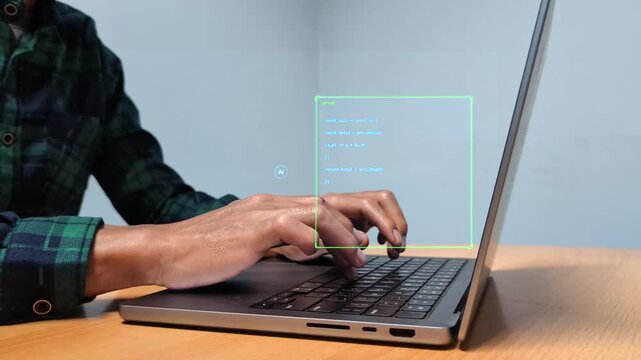 Software developer typing on modern laptop keyboard using generative AI coding assistant software displaying holographic interface for automated code optimization and digital workflow productivity.