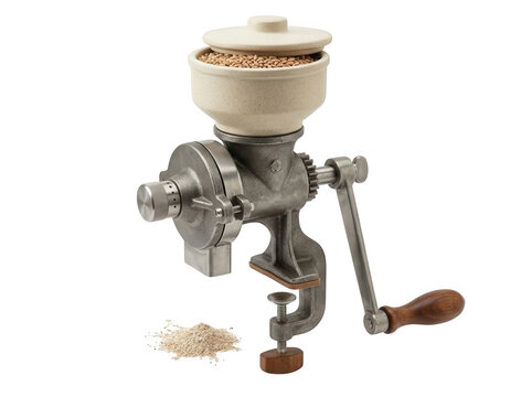 Manual hand crank grain mill with ceramic hopper isolated on transparent background for home grinding wheat and fresh flour