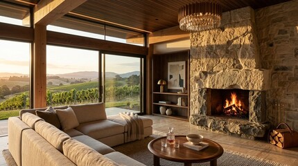 Obraz premium Cozy living room with fireplace and vineyard view at sunset