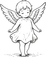 Fototapeta premium Peaceful angel child with wings and closed eyes floating gently on white background