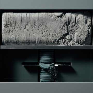 Textured industrial roller and screw press in dark macro machinery detail