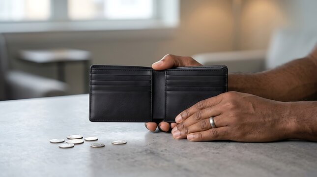 African American man wearing silver wedding ring holding empty black leather wallet over grey table with few scattered coins representing financial scarcity or budget management