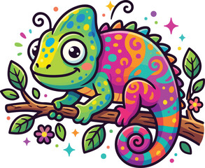 Naklejka premium Colorful chameleon sitting on a tree branch with leaves and flowers
